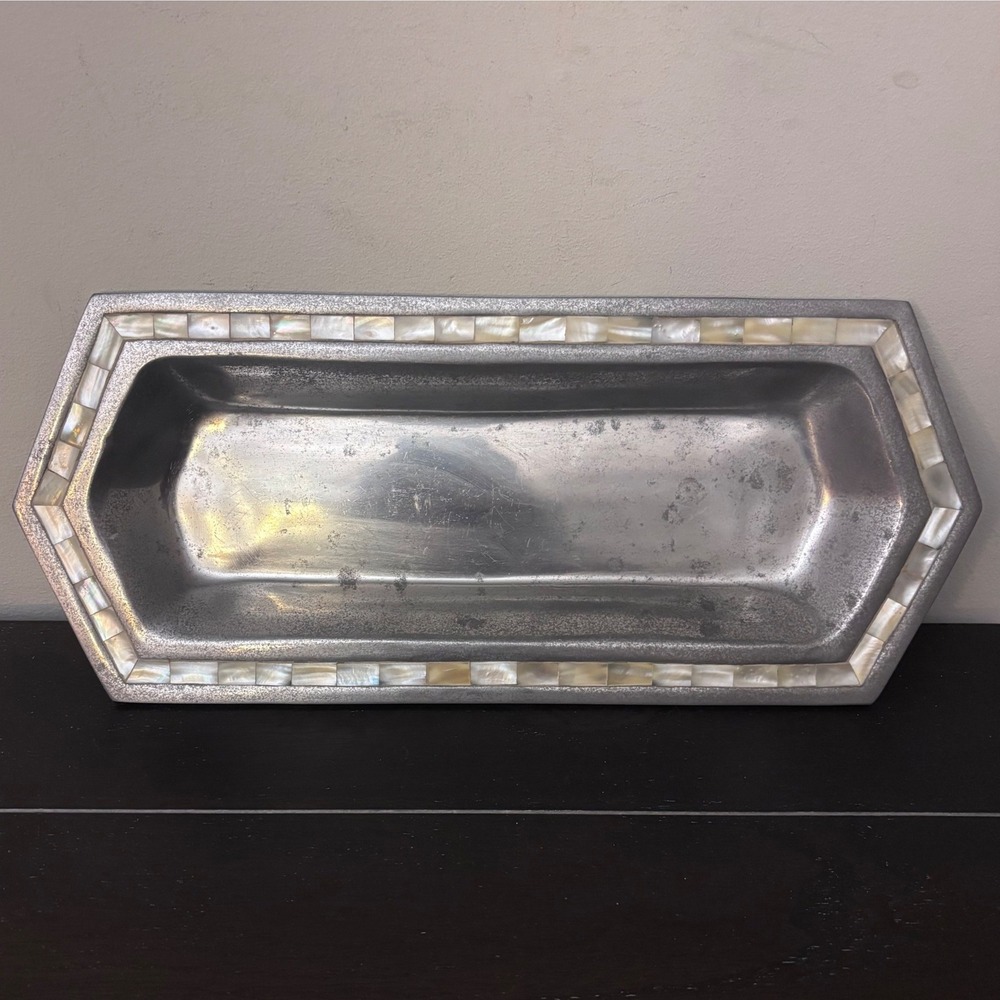 Silver Aluminum Tray | Mother of Pearl Mosaic Inlay Border | Made in India